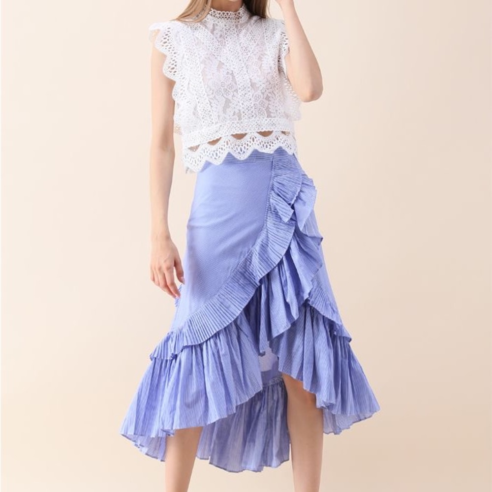 Applause of Ruffle Tiered Frill Hem Skirt in Blue Stripes
